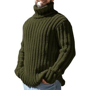 Men's Pullover Green Turtleneck Sweaters Knitted Long Sleeve Fit Chunky Winter